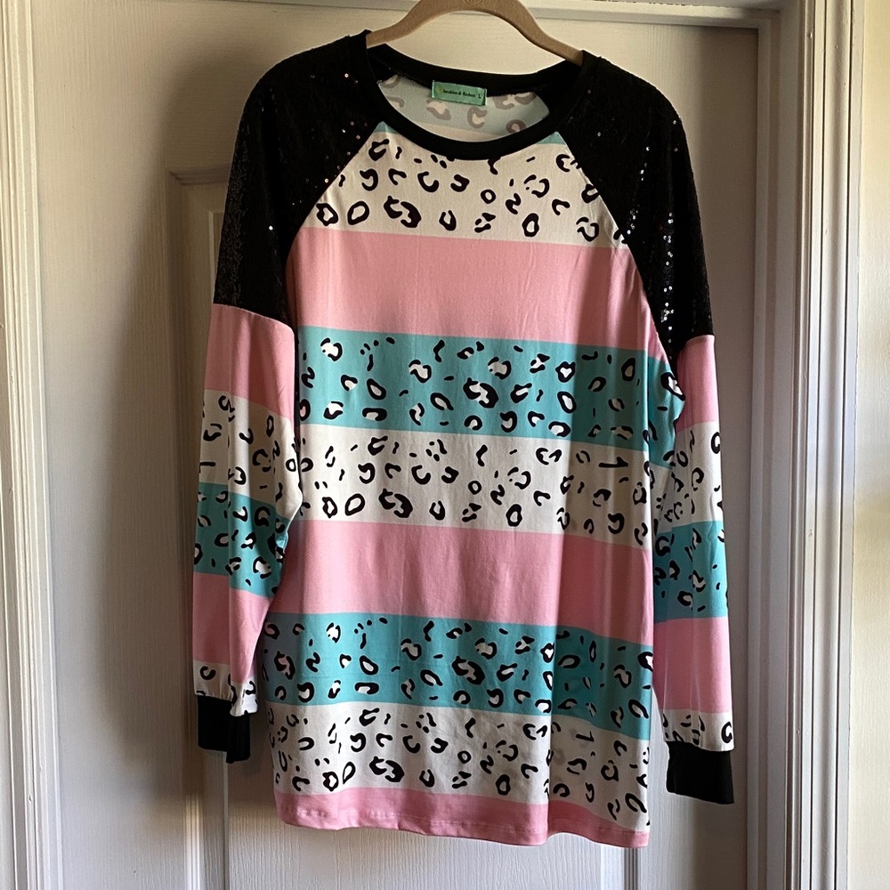 Pink and Blue Leopard Print with black sequins on shoulders women’s top